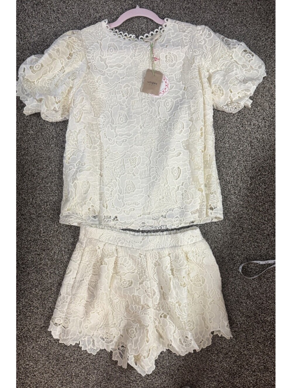 NWT Umgee Small Ivory Floral Lace Puff Sleeve Top Shorts 2 Piece Set K8673 - Picture 3 of 10